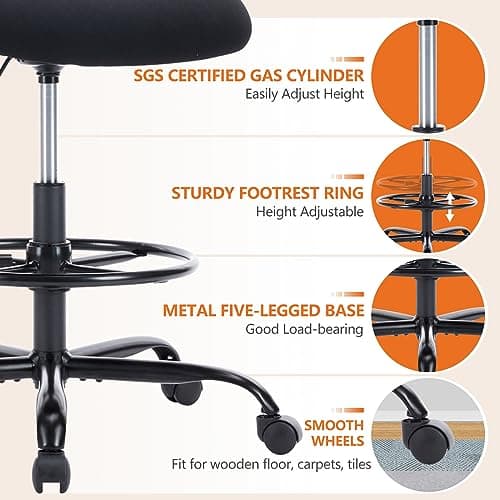 Sweetcrispy Tall Drafting Desk Chair - Ergonomic High Stool Computer with Adjustable Height and Comfy Lumbar Support, Office Rolling Counter with Flip-up Arm and Footrest, Black 7