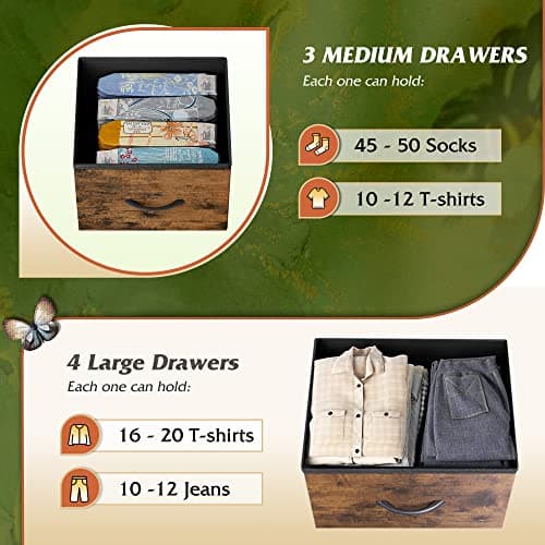 WLIVE 7 Drawer Dresser TV Stand, Entertainment Center, Media Console Table with Metal Frame and Wood Top for TV up to 45 inch, Chest of Drawers for Bedroom, Living Room, Rustic Brown Wood Grain Print 5