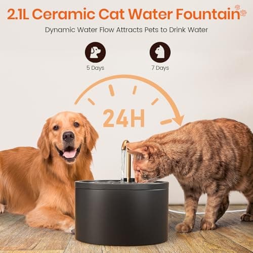 MISFANS Ceramic Cat Water Fountain - 2.1L/71oz - All-Ceramic Body & Pure Copper Water Spout - Non-Toxic - Automatic Pet Drinking Fountain Indoor with Ultra-Quiet Pump, and 3Pcs Filter & Sponge (Black) 5