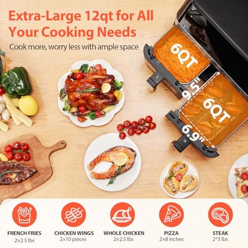 12QT Large Dual Air Fryer, 10-in-1 Double Zone Airfryer with 2×6QT Baskets, 60° Easy-Panel with Full Touchscreen, SyncCook Function, Viewing Window, Nonstick & Dishwasher Safe, 2 Dishes at Once, Black 5