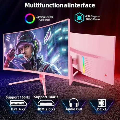 ZER-LON 34 inch Ultrawide Curved Gaming Monitor, 21:9 WQHD 3440×1440 165Hz Computer Monitors, 1500R 1ms(MPRT), 125% sRGB, 350nits, FreeSync, HDMI2.0 x2, DP1.4 x2, Wall Mountable/Tilt Adjustable Pink 7