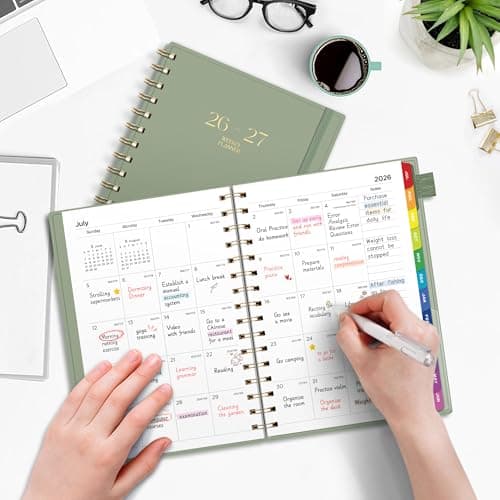 EMSHOI Academic Planner 2026-2027, Weekly and Monthly Calendar (July 2026 - June 2027), School Student Teacher Agenda Book, 100GSM Paper, PVC Cover, Colorful Tabs, A5 (6.38" x 8.35"), Light Green 8