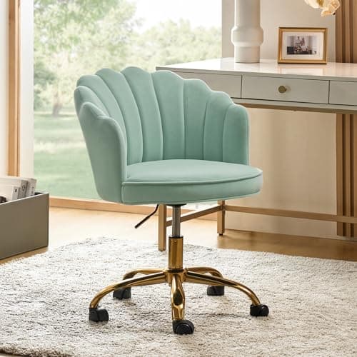 HULALA HOME Velvet Home Office Chair with Gold Base, Womans Modern Cute Shell Back Upholstered Desk Chair for Vanity, Adjustable Swivel Task Chair for Living Room, Sage