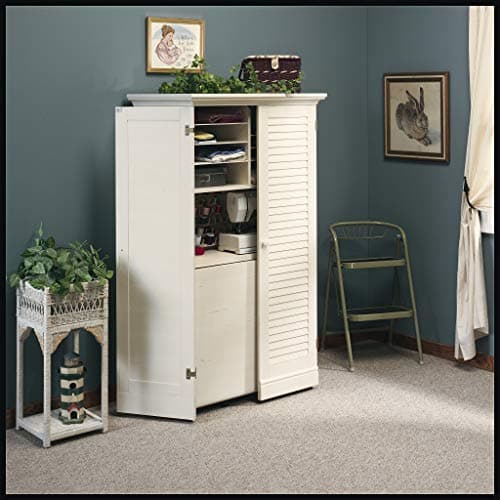 Sauder Harbor View Craft and Sewing Armoire with Table/ Pantry cabinets, Antiqued White finish 10