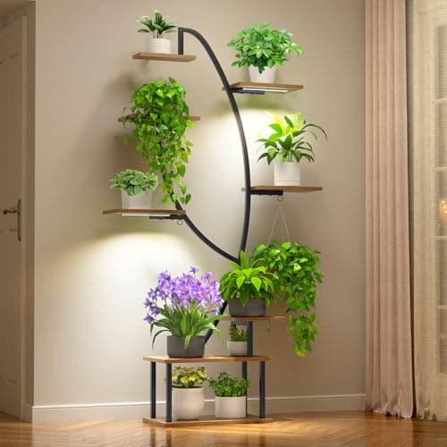 Zekoled Indoor Plant Stand with Grow Lights, Multi-layer Tall Metal Plants Shelf, Corner Plant Stand Indoor with Cable Ties & Safe Straps for Living Room, Patio (Swan Neck)