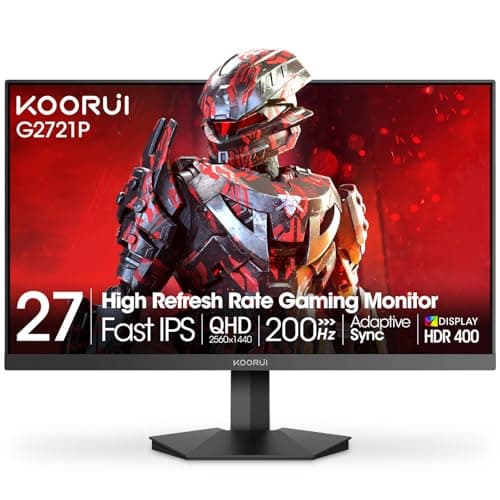 KOORUI 27" Gaming Monitor, 200Hz 1ms Fast IPS, WQHD (2560 x 1440p) HDR 400 Display, DCI-P3 95% Color Gamut, FreeSync Premium, Adaptive G-Sync, HDMI x 2, DisplayPort, G2721P