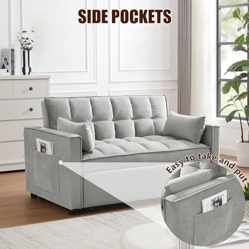 Yafylly 3 in 1 Sleeper Sofa Couch Bed, Pull Out Loveseat with Storage, Full Size Velvet Convertible Chair with 2 Pockets & 2 Pillows for Living Room, Grey 5