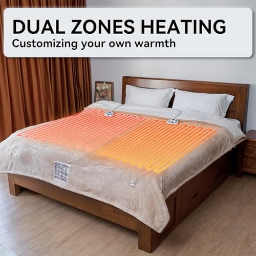 PiPiMAMA Electric Blanket Queen Size Dual Control,Flannel & Sherpa Plush 84"x 90" Heated Blanket Queen Heating Blanket with 10 Heating Levels,12 Hours Auto-Off Machine Washable(Khaki) 5