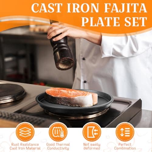Mimorou 2 Sets Cast Iron Fajita Plate Set 9.45'' Fajita Plate Pan with Wooden Tray Anti Scald Protection Handle Cast Iron Skillet Set for Restaurant Home BBQ Party Restaurant 6