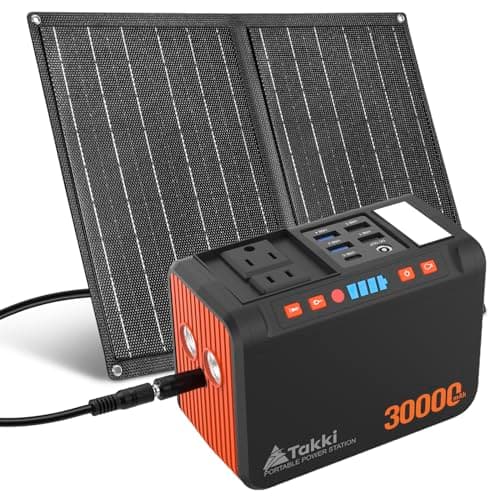 Takki 111Wh Portable Solar Generator Power Station with 21W Foldable Solar Panel, 120W Peak Solar Charger Power Bank with 110V AC DC USB Ports for Camping Emergency Outdoor Home Use