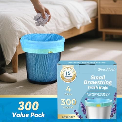 300 Count 15 Micron Extra Thick 4 Gallon Drawstring Small Trash Bags, Sturdy & Tear-Resistant Small Garbage Bags for Bathroom, Office, Bedroom & Kitchen 7