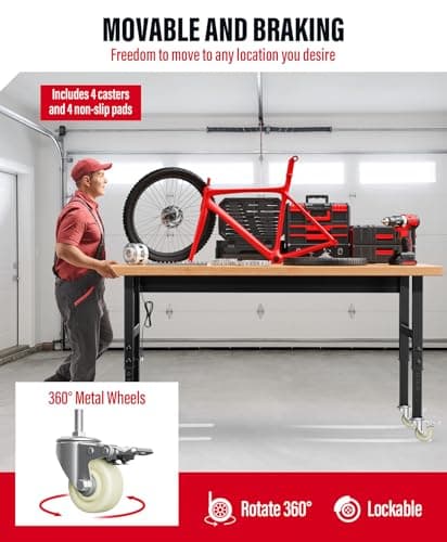 FLAWNT 60" Adjustable Work Bench,Hardwood Top Garage Work Bench Table,Heavy Duty 2000 LBS Load Worktable,Rolling Mobile Workbench with Power Strip for Workshop Office Home 6