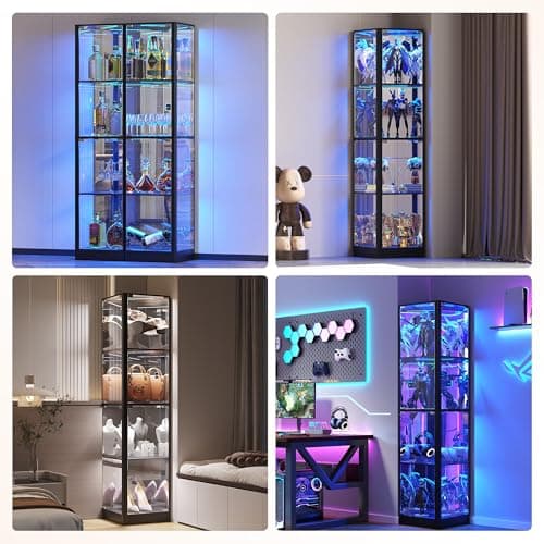 Dystler Corner Display Cabinet with Glass Doors, 68" Display Case with LED Lights, 4-Tier Curio Cabinets for Collectibles, Toys, Books, Modern Storage Cabinet, Black 6