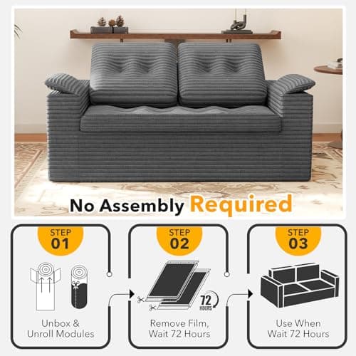 Fabulcozy Loveseat Sofa, Boneless Cloud Couch for Living Room 2 Seater Modern Lounge Sleeper Couch with Removable Cover Corduroy Sofa with Armrest, Seat Cushion & Pillows for Small Spaces, Dark Grey 8