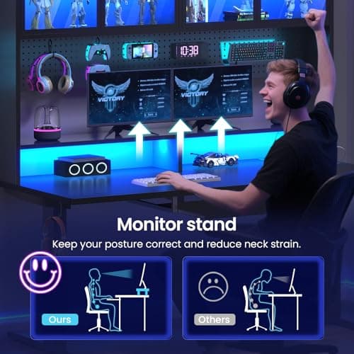 SEDETA Electric Standing Desk with Storage, Gaming Desk with Hutch and Pegboard, Sit Stand Up Desk with Led Lights, Power Outlet, Monitor Shelf, Keyboard Tray for Home Office, Black 7