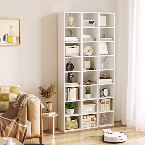 FOTOSOK White Bookshelf 8-Tier Media Tower Rack, 11.6 X 9.3 X 70.9 Inches CD DVD Slim Storage Cabinet with Adjustable Shelves, Tall Narrow Bookcase Display Bookshelf for Home Office, White 8