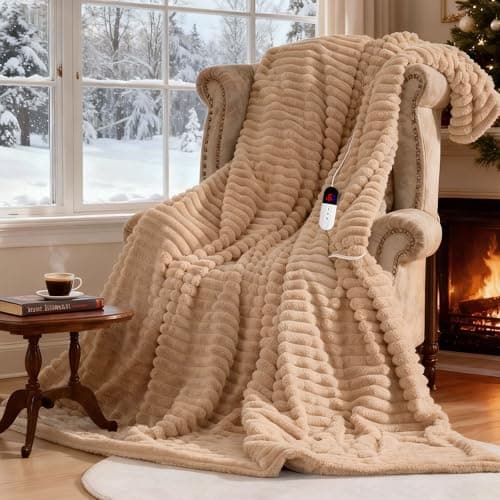 AEPINBH Heated Electric Blanket Throw: 6-Level Fast Heating, 4-Hour Auto-Off, Soft&Warm Stripe Faux Rabbit Fur, for Couch Home Office, with Overheating Protection & ETL Certified (50 x 60,Khaki)