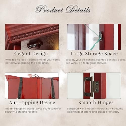 CKEASEAN Corner Curio Cabinet with Light Bulb, Tempered Glass Doors, Floor Standing Glass Display Cage with 6 Tempered Glass Shelves, Wine Cabinet Storage Rack for Bar and Liquor Storage (Cherry) 6