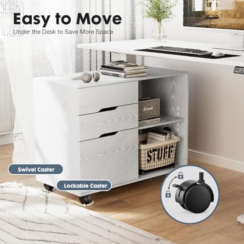 DUMOS File Cabinet 3 Drawer - Storage Filing Cabinets Office Drawers White Printer Stand Lateral Mobile Under Desk Organizer Wooden with Wheels Adjustable Shelves for Home, Room, Small Spaces, White 5