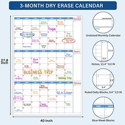 Large Dry Erase Calendar for Wall - Undated 3-Month Wall Calendar, 28" x 40", Dry Erase Calendar for Wall, Wall Calendar Dry Erase, Vertical, Blue 5