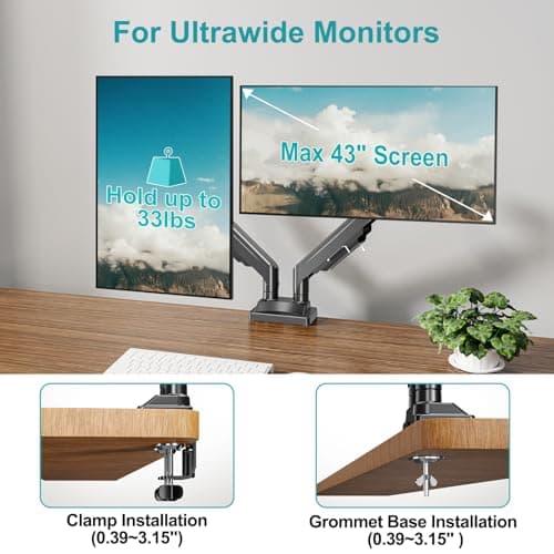 MOUNT PRO Dual Monitor Stand for Two Screens up to 43 Inch, Heavy Duty Ultrawide Double Monitor Arm Holds up to 33lbs Each, Premium Adjustable Computer Monitor Mount for 2 Monitors, VESA Desk Mount 6