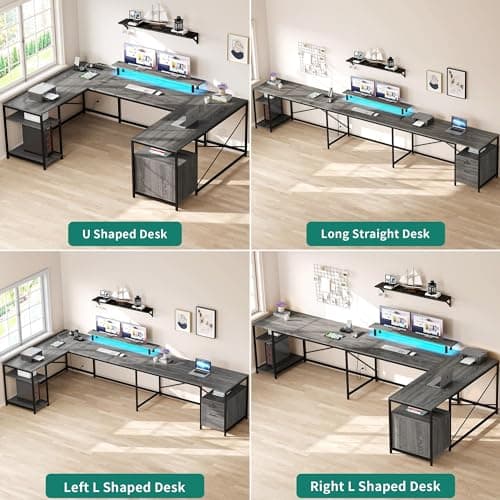 YITAHOME U Shaped Desk with Power Outlets & LED Lights, 79" Reversible L Shaped Desk with Drawers, Corner Computer Desk Office Desk with Monitor Stand & Storage Shelves, Grey 5