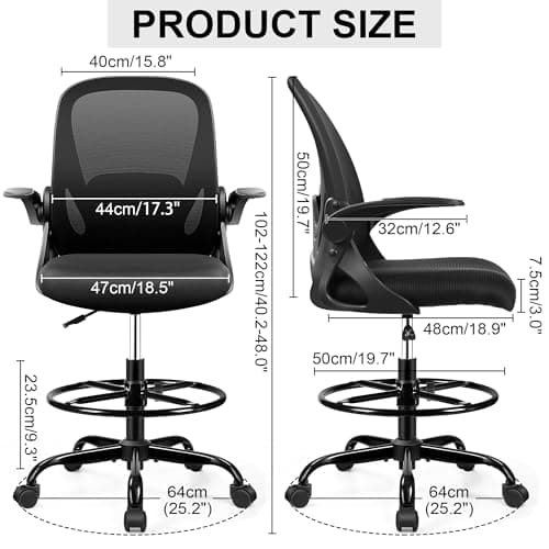 Drafting Chair Tall Office Chair with Flip-up Armrests, Adjustable Height, and Enhanced Lumbar Support - Ergonomic Rolling Stool, Back Support, and Adjustable Foot Rest Ring for Standing Desk Black 2