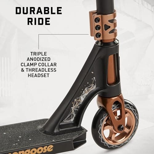 Mongoose Rise 110 Expert Freestyle Stunt Trick Scooter, Lightweight Alloy Deck & Heavy-Duty Frame Up to 220 lbs., Bike-Style Grip, High Impact 110mm Wheels, Black/Tan 5