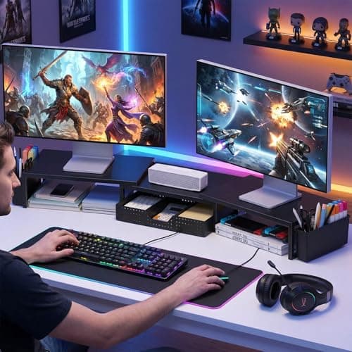 OPNICE Desk Organizers and Accessories, Dual Monitor Stand Riser with Drawer and 2 Pen Holders, Desk Shelf Metal Computer Racks for Office Workspace Organizers, Desktop Organization (Black Metal) 7