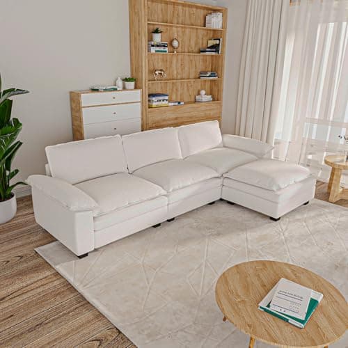 mestyl 3 Seat Sectional Sofa, Couch with Movable Ottoman, Chenille Modular Sofa with Removable Pillows and Layer Cushions, Suitable for Living Rooms, Bedroom, Offices, and Apartments, Beige