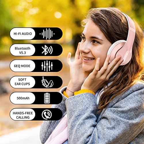 Glynzak Wireless Bluetooth Headphones Over Ear 65H Playtime HiFi Stereo Headset with Microphone and 6EQ Modes Foldable Bluetooth V5.3 Headphones for Travel Smartphone Computer Laptop Rose Gold 6