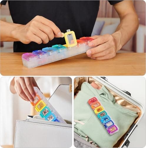 Fullicon Weekly Pill Organizer 7 Day Ultra Moisture and Spill Proof Daily Pill Box, Large Medicine Case with Secure Buckle, Compact Travel Pill Container for Pill, Vitamin, & Fish Oil (Rainbow Clear) 8