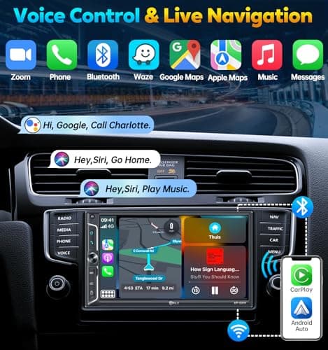 PLZ 7" Wireless Double Din Car Stereo Apple Car Play Radio Carplay Android Auto QLED Touch Screen, Bluetooth 5.3 Audio Receivers, 1080P Backup Camera, 4.2 Channel Outputs 240W, 2 Subwoofer, FM/AM, SWC 5