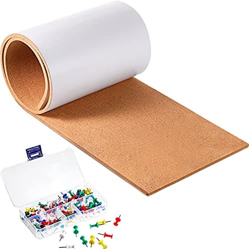 Cork Board Roll 8 mm Thick 60 x 12 Inch Self Adhesive Frameless Cork Bulletin Boards with 100 Mini Push Pins for Wall