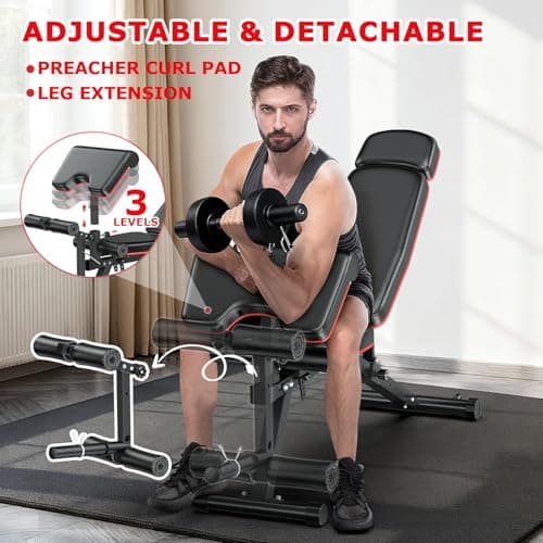 XDDIAS Workout Bench, Weight Bench with Leg Extension and Leg Curl, Preacher Curl Bench with Extended Headrest, Adjustable Incline Decline Flat Bench for Home Gym, 900LBS 5