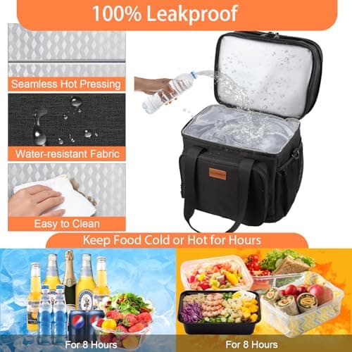 Expandable Insulated Large Lunch Box, Double Deck Heavy Duty Durable Lunch Bag Leakproof Cooler Bags for Men Women Adults Work Shift Flight Beach Daytrip, 20 Can, Black, GLENKEY 5