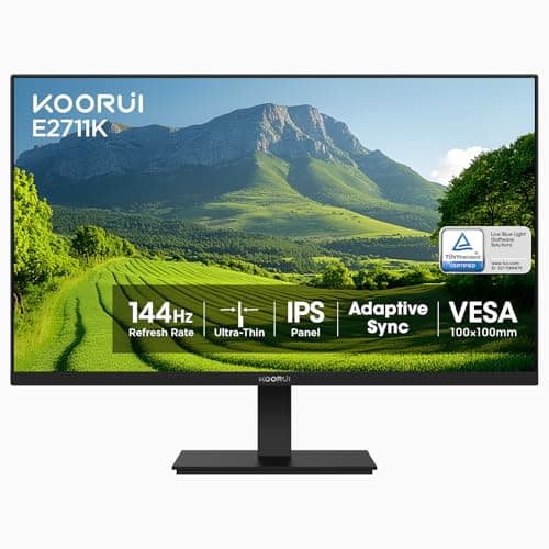 KOORUI 27 Inch Gaming Office Monitor 144Hz IPS Display, FHD 1080P with FreeSync, Eye Care TÜV Rheinland Certified with Slim Bezels, HDMI VGA Ports, Ergonomic Tilt, VESA Mount, Black