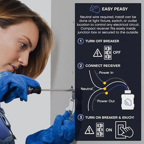 RunLessWire Single Pole Battery-Free DIY Wireless Light Switch Kit 150ft RF Range Self-Powered by Kinetic Energy for Fixtures & Outlets : 1 Remote Switch Controls 1 5A On/Off Receiver – White 5