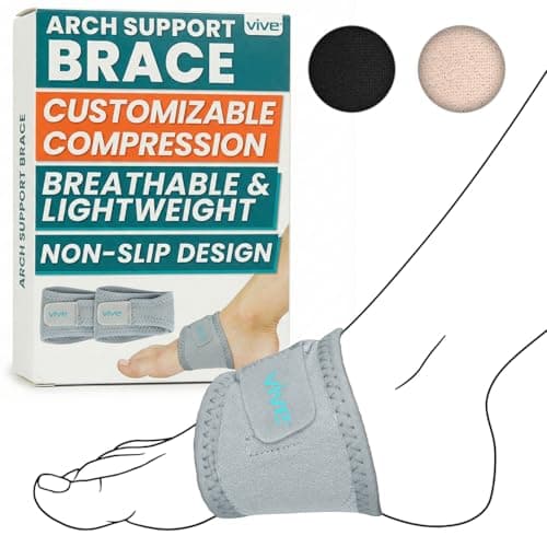Vive Foot Arch Support Brace (Pair) - Wrap Corrector for Flat Feet, Plantar Fasciitis, Pain Relief, Fallen Arches - Compression Sleeve Strap, Gel Bands Inserts for Women & Men, Wear Under Socks (Gray)