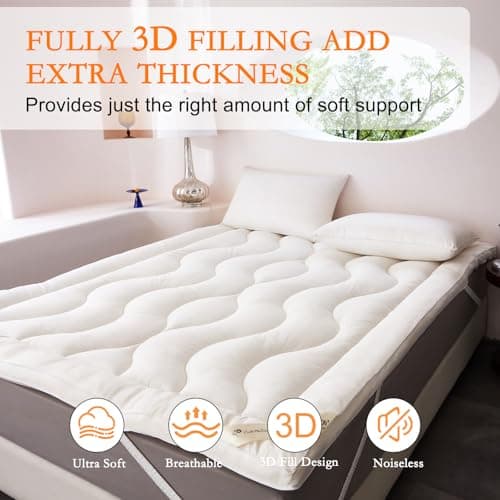 Wool Filling Mattress Topper Queen Size, 2 Inch Extra Soft Mattress Pad, Bed Mattress Pad with Cotton Cover (White,60" x 80") 2