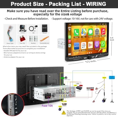 Wireless 10.1" Single Din Car Stereo CarPlay Radio, Carplay Android Auto Touch Screen, Bluetooth 5.3, Car Audio Receiver, 240W Subwoofer, Backup Camera, FM/AM SWC 7