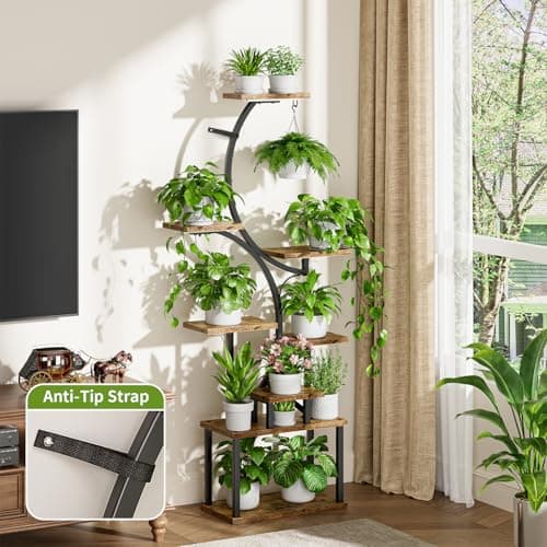 Plant Stand Indoor with Grow Lights - 62" Tall Plant Shelf, Lighted Corner Plant Stands for Indoor Growing, 8 Tiered Large Flower Holder, S-Shaped Decorative Rack for Living Room, Patent Design, Brown 8