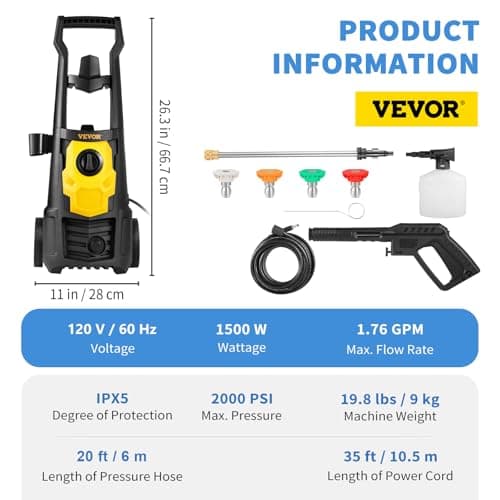 VEVOR Electric Pressure Washer, 2000 PSI 1.76 GPM, Portable Cleaner with 30ft Hose, Foam Cannon & 5 Nozzles for Cars, Patios, Fences - ETL Listed 7