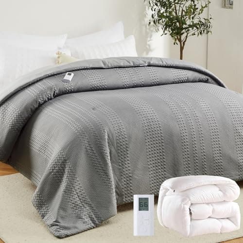 GarveeHome Queen Heated Comforter Electric Blanket, 90"*90" Waffle Weave Heating Blanket with Wireless LCD Controller, 6 Heat Levels & 2-10H Time Settings, UL Certified, Grey