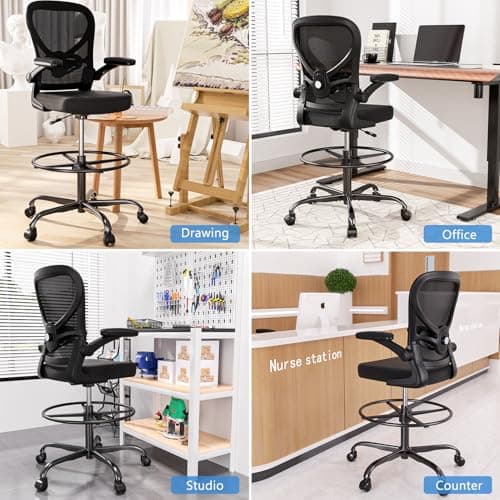 Alolo Drafting Chair,Big and Tall Office Chair with Footrest Ring,Ergonomic Chair for Counter Height and Standing Desk Comfy with Lumbar Support and Flip-up Armrests in Heavy Rolling Base,Black 7