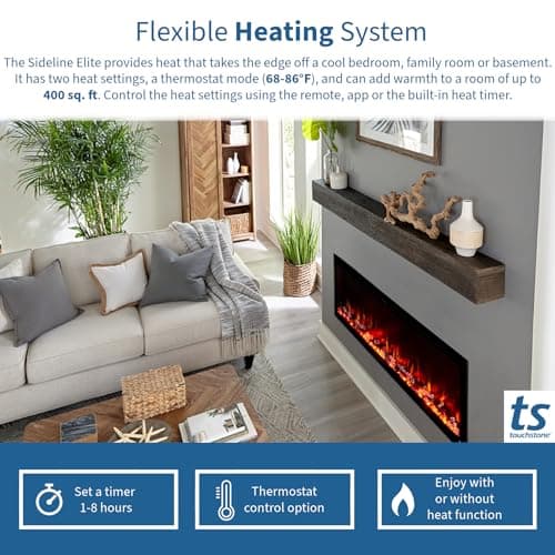 Touchstone Sideline Elite Smart 50” WiFi-Enabled Electric Fireplace - in-Wall Recessed - 60 Color Combinations - 1,500W Heater - Black - Log, Crystals & Driftwood - 80036 9
