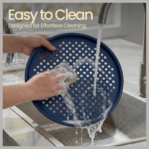 Bakken Pizza Baking Pan - Round Perforated Carbon Steel Pan with Non-Stick Marble Coating, Oversized Silicone Handle, Dishwasher Safe, High-Temperature Resistant, Durable & Easy Cleanup - Blue, 2 Pack 7