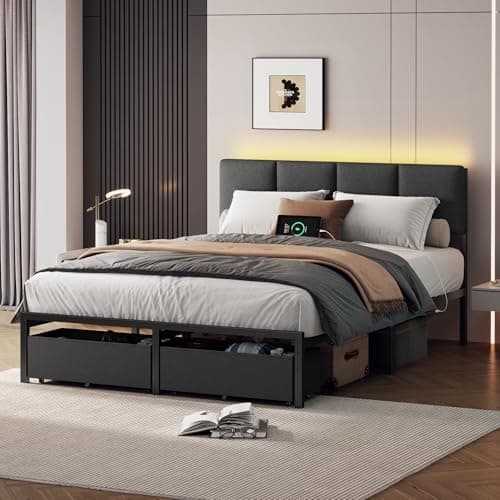 Furnulem Full Size Bed Frame with Headboard, Upholstered Full Bed Frame with LED Light, USB Charging Station, Platform Bedframe with 2 Fabric Underbed Storage Drawers, No Spring Box Needed 5