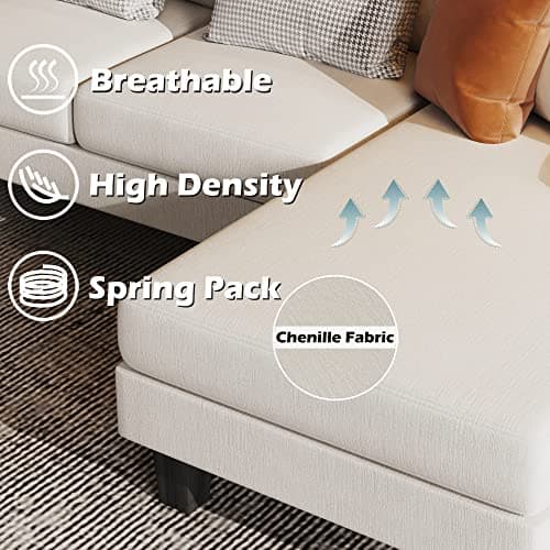 YESHOMY Convertible Sectional Sofa U-Shaped Couch with Soft Modern Cotton Chenille Fabric for Living Room, Oversized Seats with Comfortable Backrest, 50"D x 110.2"W x 33"H, White 9