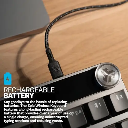 JLab Epic Mechanical Wireless Keyboard, Black, 108 Keys, Bluetooth or USB Wireless Dongle, Multi-Device Toggle, Backlit Mechanical Keys, Smart Media Knob, Custom User Profiles, Rechargeable (1 Pack) 5